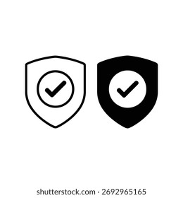 Two shield icons, one outlined and one solid black, both containing a checkmark within a circle. Symbolizes security, verification, and protection.