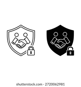 Dos escudos con apretón de manos y símbolos de bloqueo en protección de seguridad blanca y negra