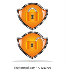 Two shields of orange are depicted. On the boards there are locks. On one shield the lock is opened on the other.