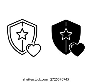 Dois escudos com varinha estelar e símbolos de coração em preto e branco