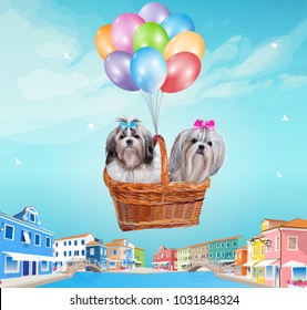 Two shih tzu dogs flying over town on balloons sitting in basket