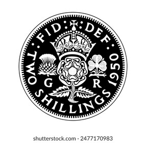 Two shillings, King George VI florin with crowned rose, thistle and shamrock, Rosa Tudor - emblem of England. The coin is depicted in black and white. Vector.