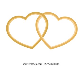 Two shining golden heart shape rings linked together, symbol of unity, love, and commitment. A graphic element for wedding, or anniversary concepts, poster, valentine card, web advertisement.