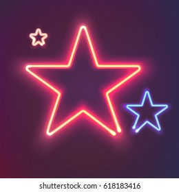 Two shining neon stars. Bright colorful sign board for your design. Vector illustration.