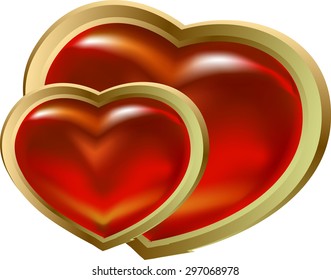 two shining red hearts in a gold frame