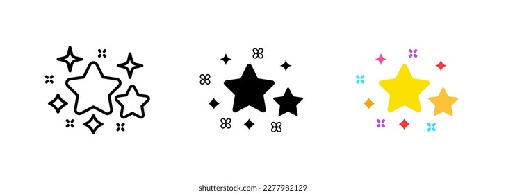 Two shining yellow stars on a dark background, representing ratings, reviews, or performance evaluation. Vector set of icons in line, black and colorful styles isolated.