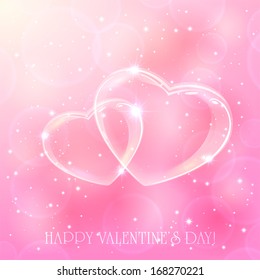 Two shinny hearts on pink background with stars, illustration.