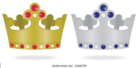 Two shiny, beautiful crowns inlaid with precious gems floating above the air. Fit for a king (or queen.)