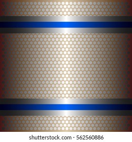 Two shiny blue lines with silver background.Two glossy silver lines.gold plate with hexagon holes style design .