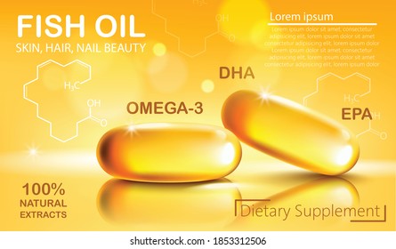 Two Shiny Capsules With Natural Extract Of Fish Oil For Skin, Hair And Nail Beauty. Dietary Supplement With Omega 3, DHA And EPA. Place For Text. Realistic 3D Mockup Product Placement. Vector