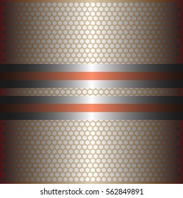Two shiny copper lines with silver background.Two glossy silver lines.gold plate with hexagon holes style design .