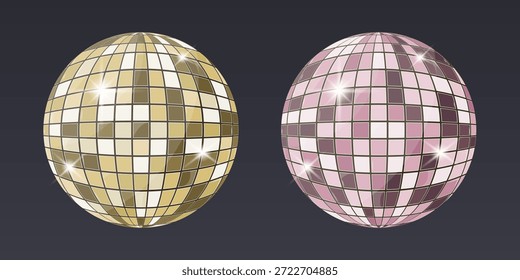 Duas brilhantes bolas de discoteca, um cromo dourado e um cromo rosa refletindo a luz em um fundo de gradiente escuro. Perfeito para festa, dança, clube, celebração e projetos de design festivos.