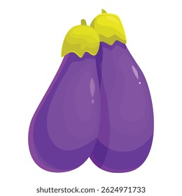 Two shiny eggplants standing up, isolated on a white background