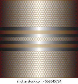 Two shiny gold lines with silver background.Two glossy silver lines.gold plate with hexagon holes style design .