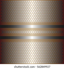 Two shiny gold lines with silver background.Two glossy silver lines.gold plate with hexagon holes style design .
