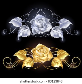 two shiny, gold rose, gold and silver on a black background