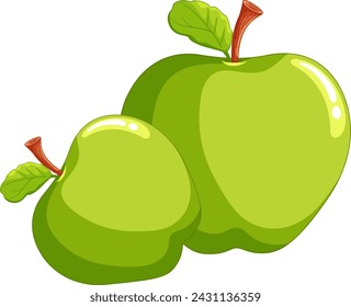 Two shiny green apples with leaves attached