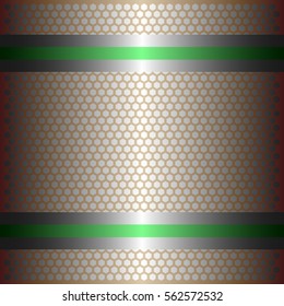 Two shiny green lines with silver background.Two glossy silver lines.gold plate with hexagon holes style design .