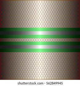 Two shiny green lines with silver background.Two glossy silver lines.gold plate with hexagon holes style design .