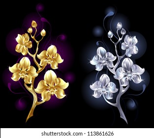 two shiny, jewelry orchids, gold and silver on a black background