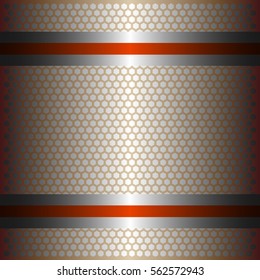 Two shiny orange lines with silver background.Two glossy silver lines.gold plate with hexagon holes style design .