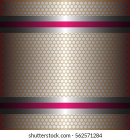Two shiny pink lines with silver background.Two glossy silver lines.gold plate with hexagon holes style design .