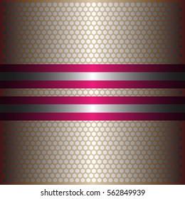 Two shiny pink lines with silver background.Two glossy silver lines.gold plate with hexagon holes style design .