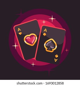 Two shiny playing card aces on red background. Poker flat illustration