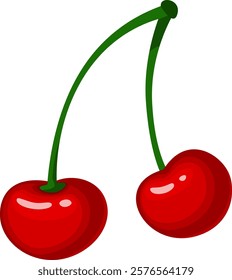 Two shiny red cherries are depicted hanging from their green stems against a pristine white backdrop, showcasing the vibrant colors and inviting freshness of the fruit