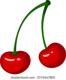 Two shiny red cherries hanging from a shared green stem, showcasing a vibrant display of freshness and natural sweetness, embodying the essence of summer fruit