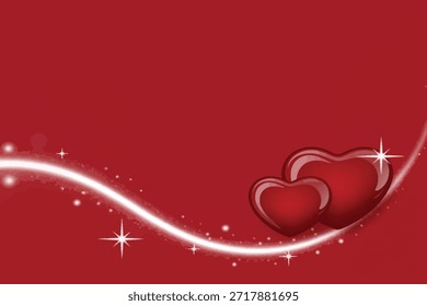 Two shiny red hearts on a wavy white line with sparkles on a red background, perfect for Valentine's Day or love-themed designs.