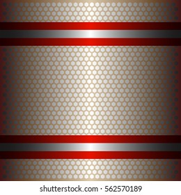 Two shiny red lines with silver background.Two glossy silver lines.gold plate with hexagon holes style design .