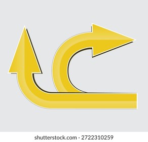 Dos flechas amarillas brillantes que se curvan en diferentes direcciones sobre un fondo gris, utilizadas para la orientación, la navegación o para proporcionar orientación.