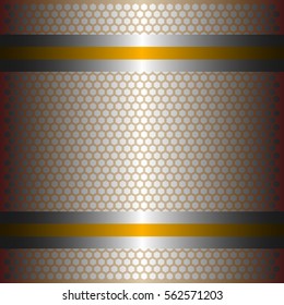 Two shiny yellow lines with silver background.Two glossy silver lines.gold plate with hexagon holes style design .