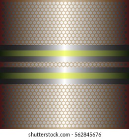 Two shiny yellow lines with silver background.Two glossy silver lines.gold plate with hexagon holes style design .