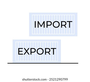 Dois contêineres de transporte rotulados Importação e Exportação são colocados em um fundo branco, simbolizando o comércio global e a logística de negócios. Ideal para comércio internacional, gerenciamento da cadeia de fornecimento, negócios