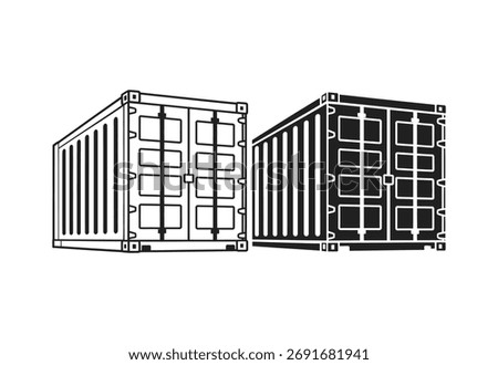 Two shipping containers, one outlined in white and the other in black, stand side by side, representing logistics and transport.