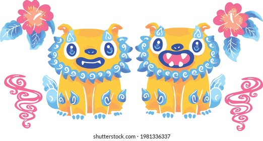 Two Shisa Okinawa guardian lion vector illustration