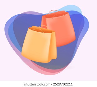 Two shopping bags with handles 3D icon. Paper or cardboard packaging for purchases of customer on shop sales 3D vector illustration on abstract background. Commerce, merchandise concept