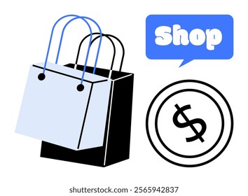 Two shopping bags one black and one blue with dollar sign coin and Shop text in blue speech bubble. Ideal for retail, e-commerce, advertising, sales promotions and marketing campaigns. Simple modern