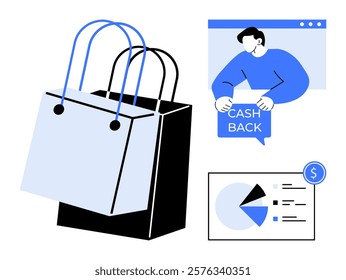 Two shopping bags, a person holding a cashback sign, and a financial chart. Ideal for online shopping, e-commerce, cashback offers, financial analysis, digital marketing. Modern, minimalist, vector