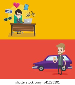 Zwei Shopping-Banner mit Platz für Text. Vektorflachdesign. Horizontales Layout. Mann, der Schlüssel für sein neues Auto hält. Fröhlicher Mann, der seinen Schlüssel zu seinem neuen Auto zeigt. Der junge Mann steht auf dem Hintergrund eines neuen Autos.