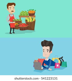 Two shopping banners with space for text. Vector flat design. Horizontal layout. Supermarket worker holding box with apples. Supermarket worker standing in front of section with vegetables and fruits.