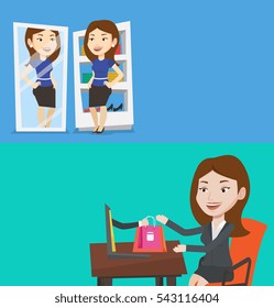 Two shopping banners with space for text. Vector flat design. Horizontal layout. Happy caucasian woman looking at herself in a mirror in dressing room. Young woman trying on skirt in dressing room.