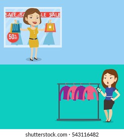 Dos carteles de la compra con espacio para el texto. Diseño plano vectorial. Diseño horizontal. Mujer impactada por el precio en la tienda de ropa. Mujer mirando el precio en la tienda de ropa. Mujer mirando el precio.