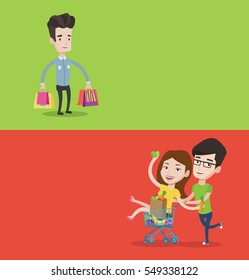 Two shopping banners with space for text. Vector flat design. Horizontal layout. Smiling man holding shopping bags. Couple of young carefree friends having fun while riding by shopping trolley.