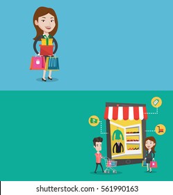 Two shopping banners with space for text. Vector flat design. Horizontal layout. Young caucasian woman holding shopping bags and gift boxes. Woman standing with a lot of shopping bags and gift boxes.