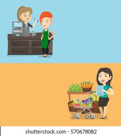 Two shopping banners with space for text. Vector flat design. Horizontal layout. Woman checking shopping list. Woman holding shopping list near trolley with products. Woman writing in shopping list.