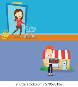 Two shopping banners with space for text. Vector flat design. Horizontal layout. Shop owner holding open signboard. Cheerful shop owner standing in front of small store. Shop owner inviting to come.