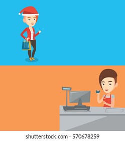 Two shopping banners with space for text. Vector flat design. Horizontal layout. Cashier holding credit card at the checkout in supermarket. Caucasian cashier working at the checkout in a supermarket.